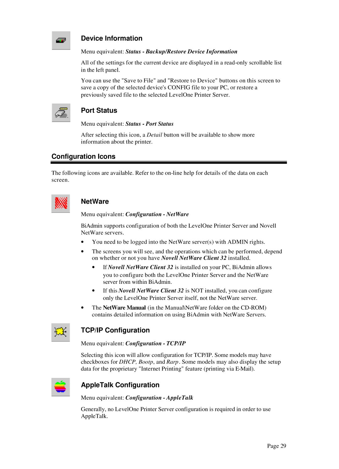 LevelOne WPS-100USB, WPS 0100 manual Device Information, Port Status, Configuration Icons, NetWare, TCP/IP Configuration 