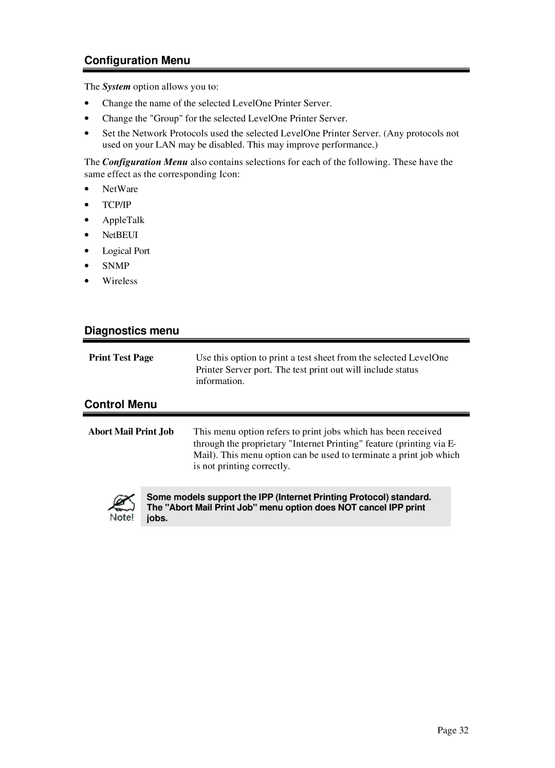 LevelOne WPS 0100, WPS-100USB manual Configuration Menu, Diagnostics menu, Control Menu, Print Test 