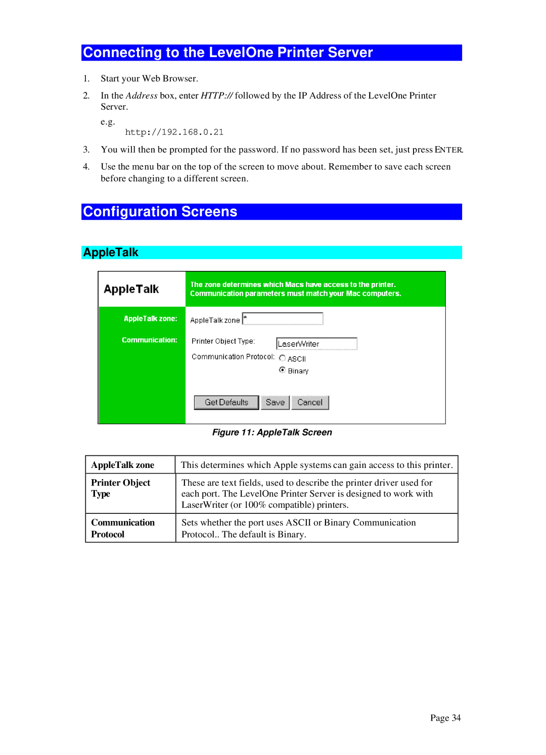 LevelOne WPS 0100, WPS-100USB manual Connecting to the LevelOne Printer Server, Configuration Screens, AppleTalk 