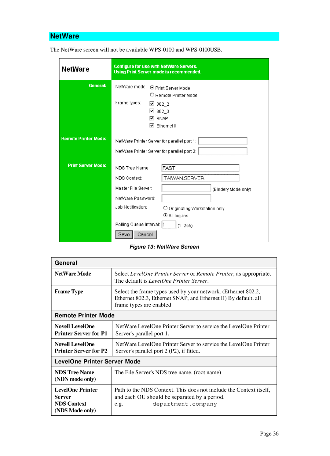 LevelOne WPS 0100, WPS-100USB manual NetWare, General, LevelOne Printer Server Mode 