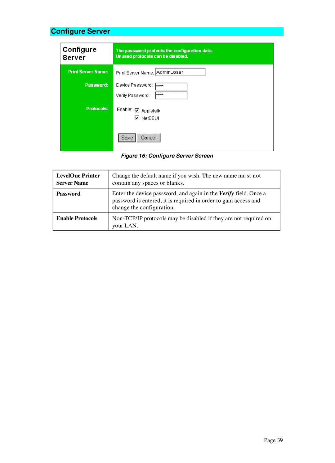 LevelOne WPS-100USB, WPS 0100 manual Configure Server, Server Name, Password, Enable Protocols 