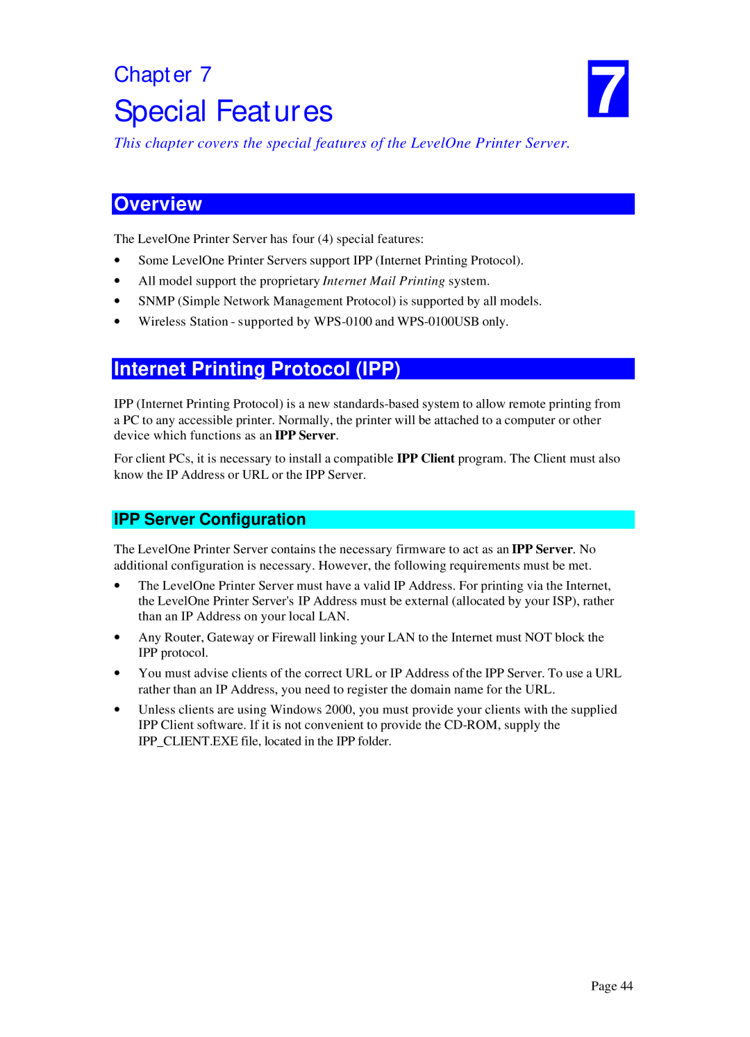 LevelOne WPS 0100, WPS-100USB manual Special Features, Internet Printing Protocol IPP, IPP Server Configuration 