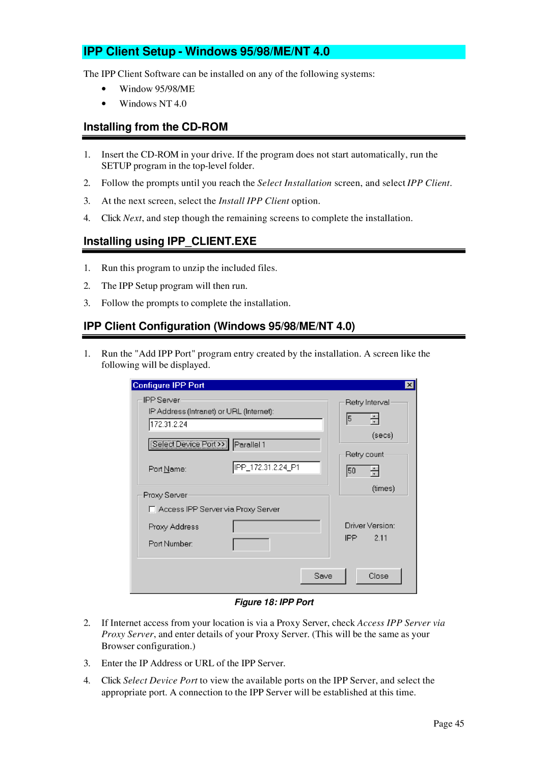 LevelOne WPS-100USB manual IPP Client Setup Windows 95/98/ME/NT, Installing from the CD-ROM, Installing using IPPCLIENT.EXE 