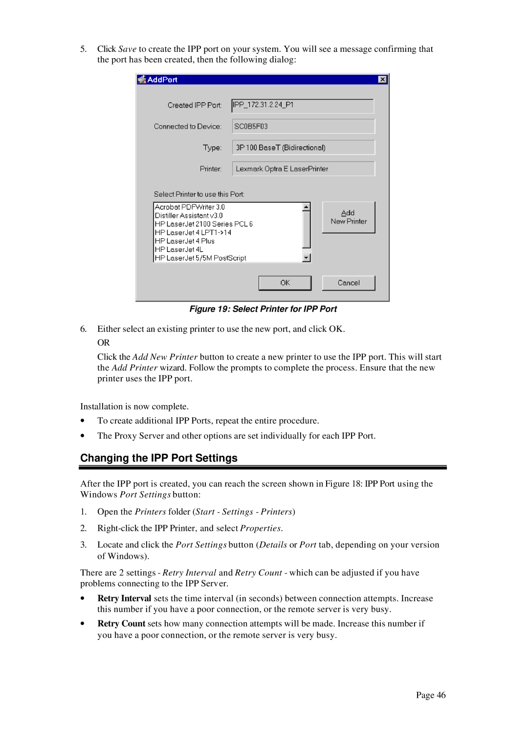 LevelOne WPS 0100, WPS-100USB manual Changing the IPP Port Settings, Open the Printers folder Start Settings Printers 