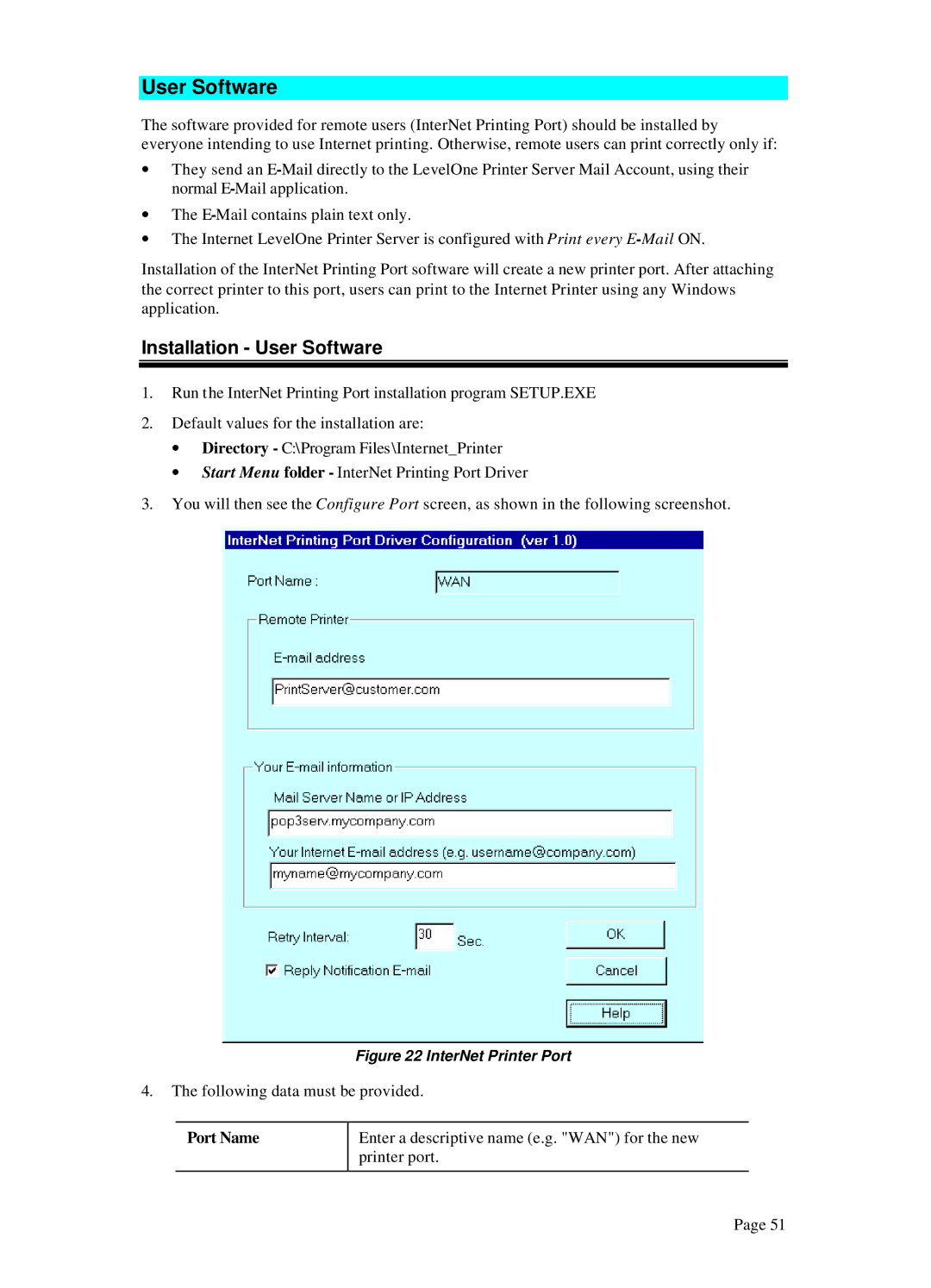 LevelOne WPS-100USB, WPS 0100 manual Installation User Software, Port Name 