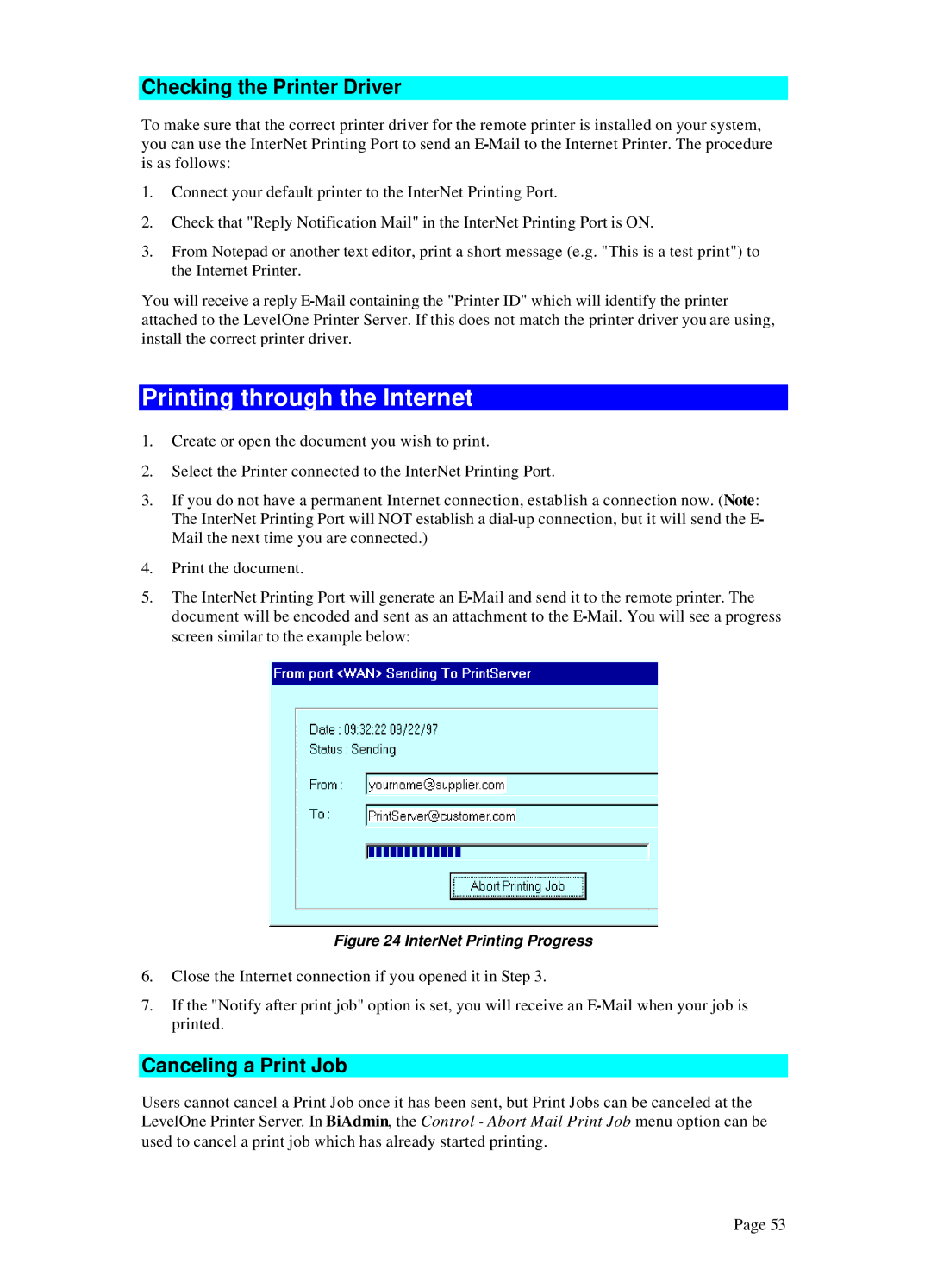 LevelOne WPS-100USB, WPS 0100 manual Printing through the Internet, Checking the Printer Driver, Canceling a Print Job 