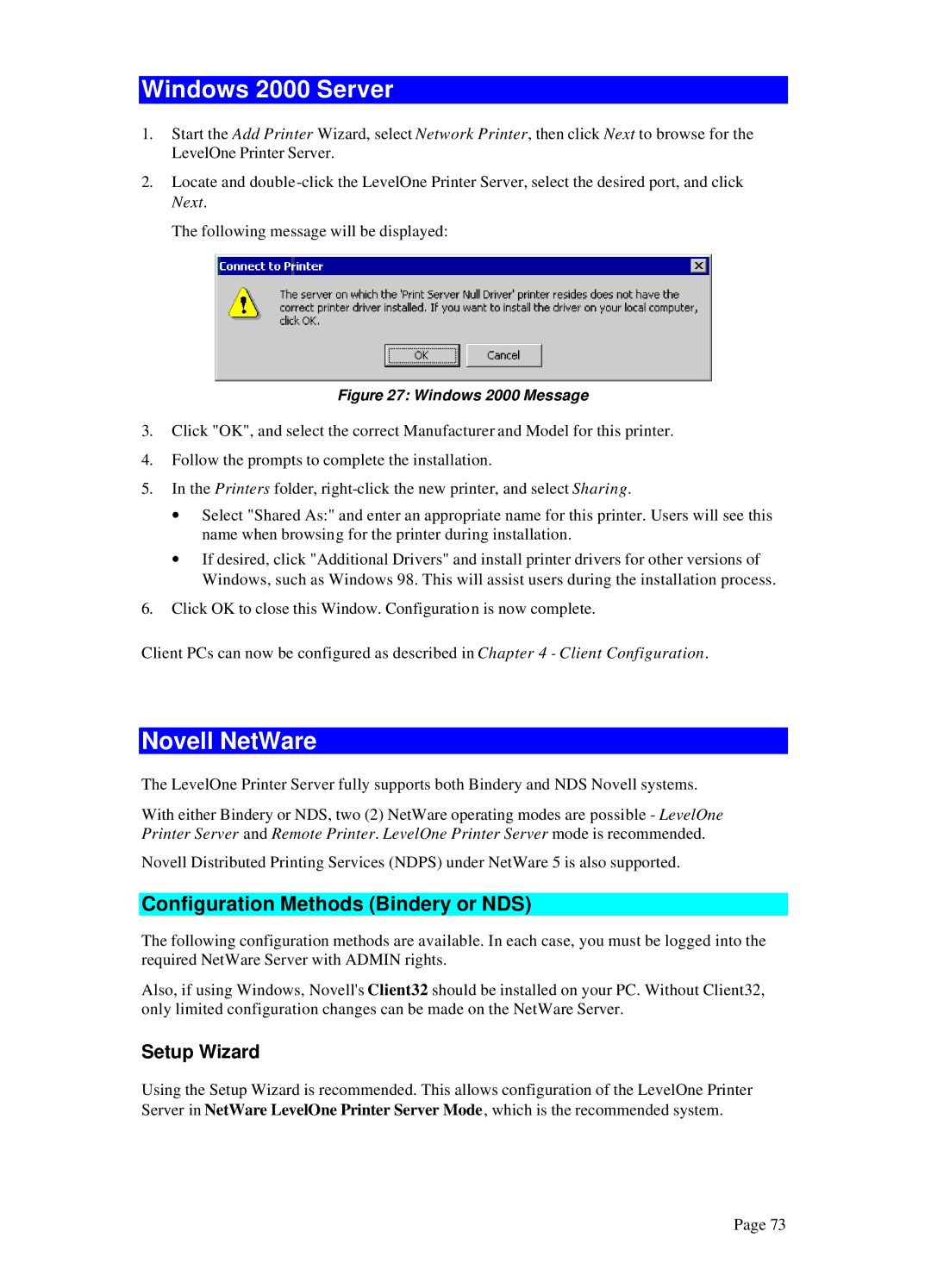 LevelOne WPS-100USB, WPS 0100 manual Windows 2000 Server, Configuration Methods Bindery or NDS, Setup Wizard 