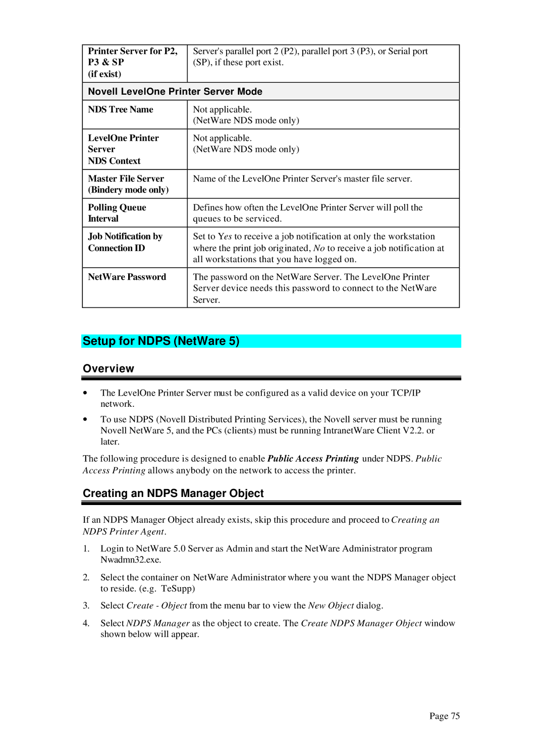 LevelOne WPS-100USB Setup for Ndps NetWare, Overview, Creating an Ndps Manager Object, Novell LevelOne Printer Server Mode 