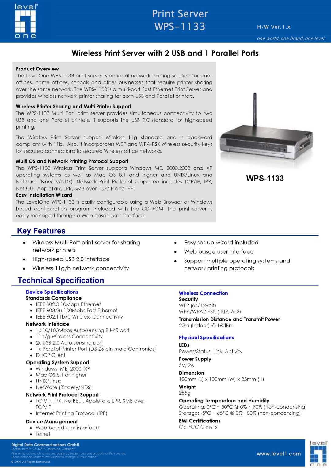 LevelOne WPS-1133 technical specifications Key Features, Technical Specification, Tcp/Ip, WPA/WPA2-PSK TKIP, AES 