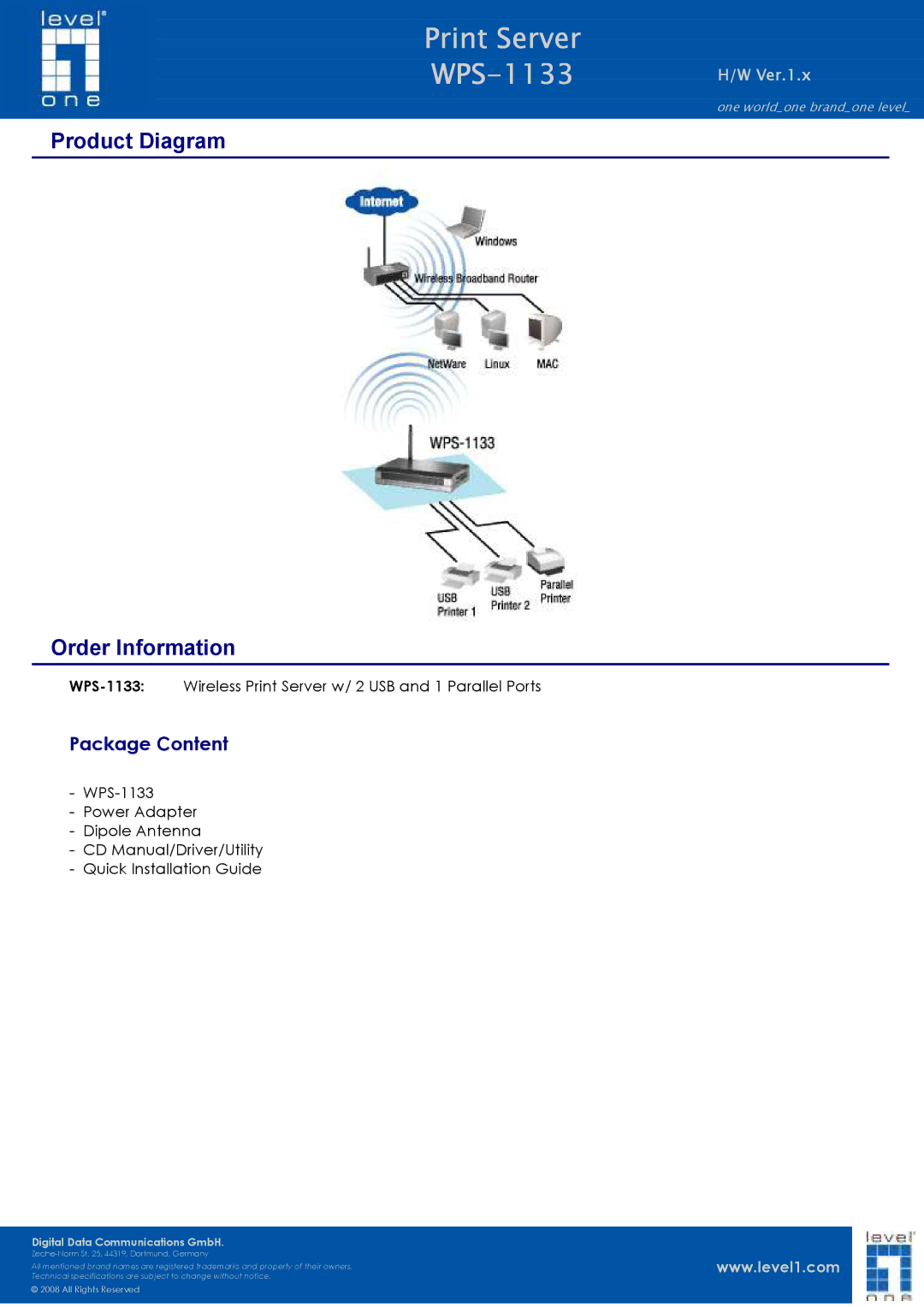 LevelOne WPS-1133 technical specifications Product Diagram, Order Information 