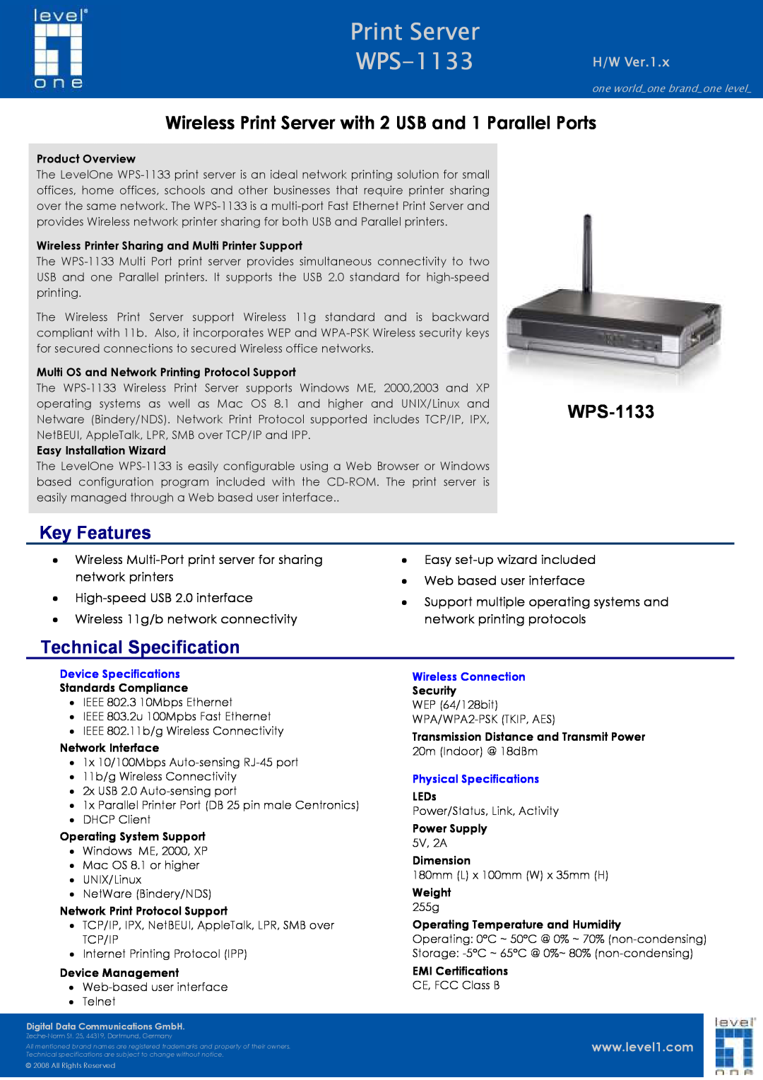 LevelOne WPS-1133 technical specifications Print Server, Key Features, Technical Specification, H/W Ver.1.x 