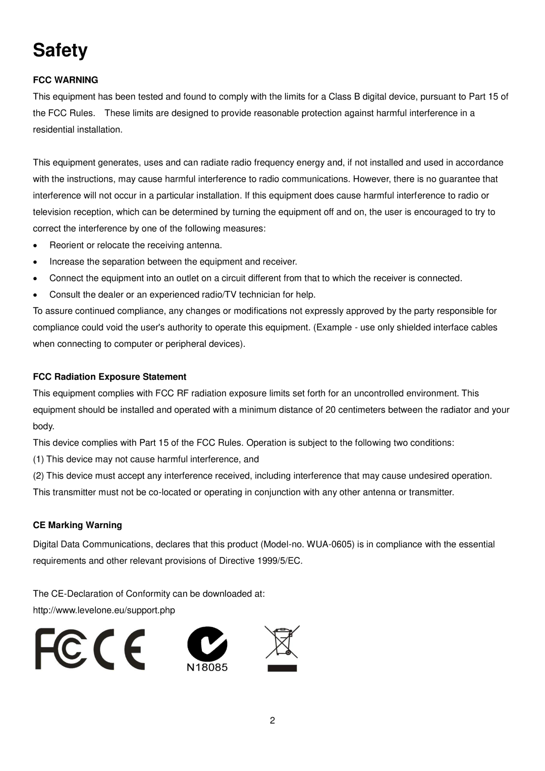 LevelOne WUA-0605 user manual Safety, FCC Warning 