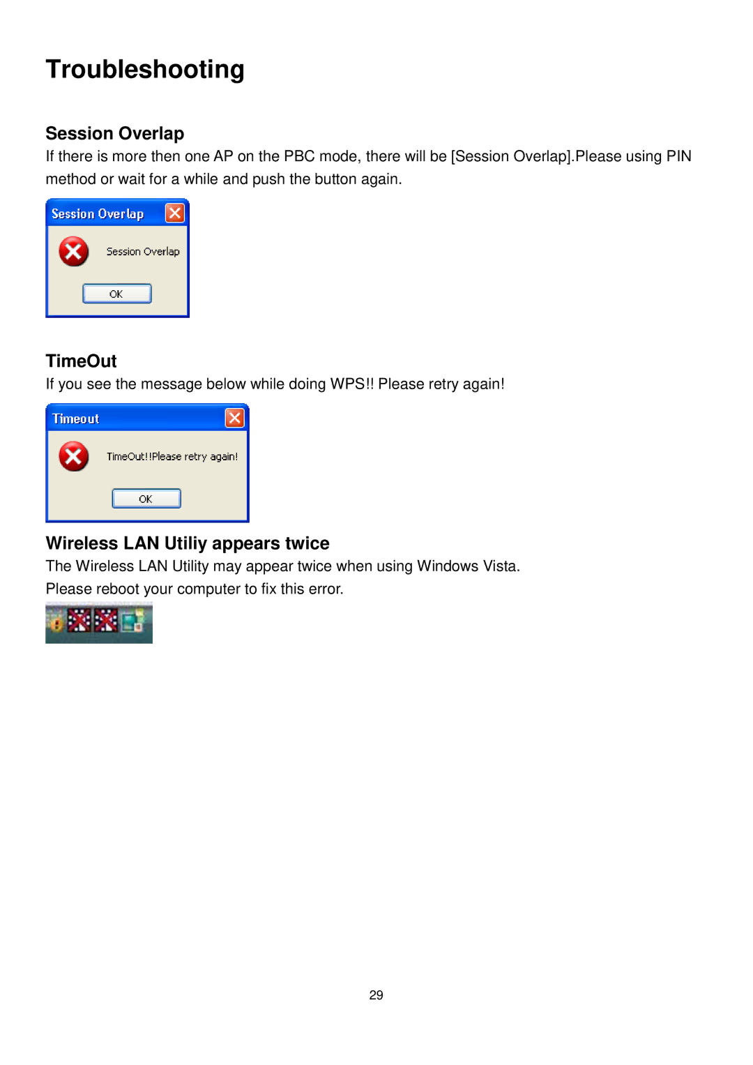 LevelOne WUA-0605 user manual Troubleshooting, Session Overlap, TimeOut, Wireless LAN Utiliy appears twice 