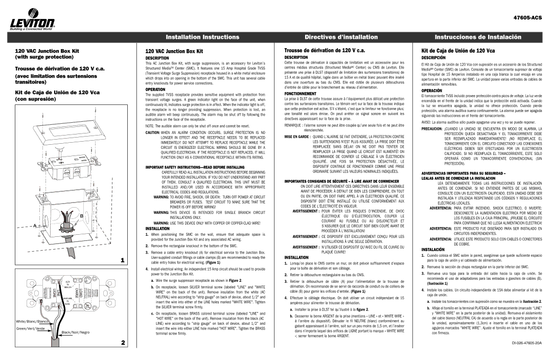 Leviton 120 VAC Junction Box Kit installation instructions Installation Instructions, Directives dinstallation 