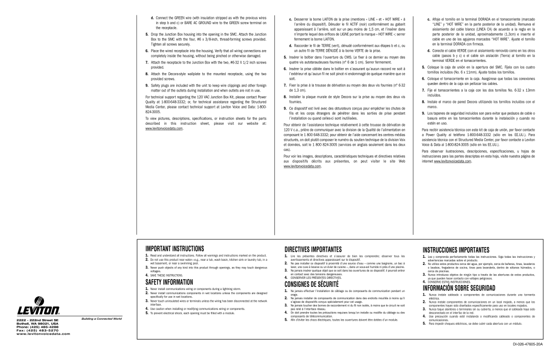 Leviton 120 VAC Junction Box Kit installation instructions Safety Information 