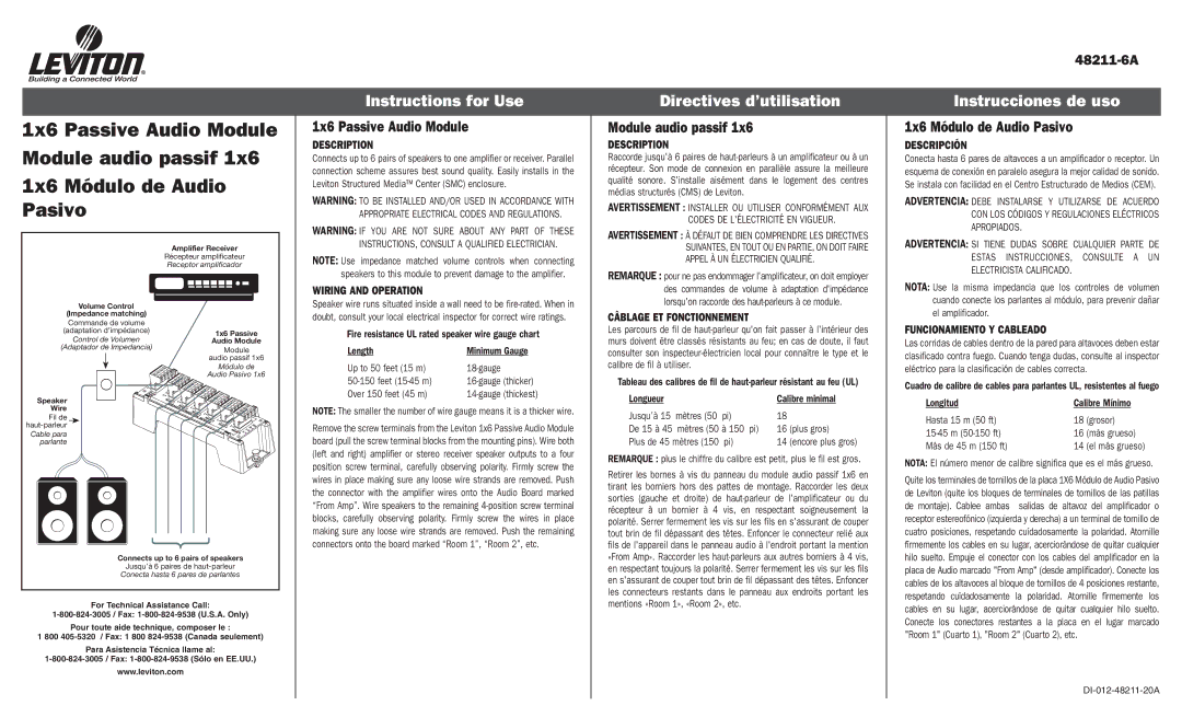 Leviton 1x6 Passive Audio Module manual Instructions for Use, Directives d’utilisation, Instrucciones de uso 