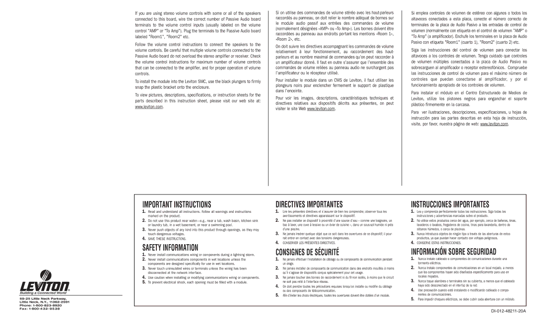 Leviton 1x6 Passive Audio Module manual Safety Information 