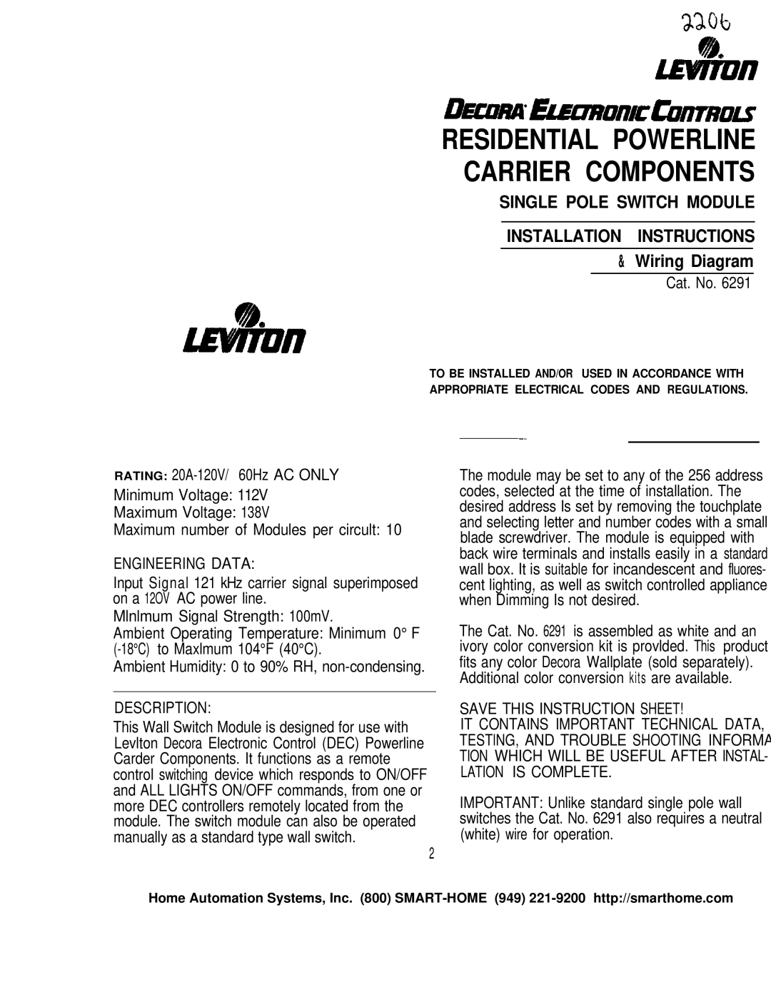 Leviton 2206 installation instructions Cat. No, Engineering Data, Description, Save this Instruction Sheet 