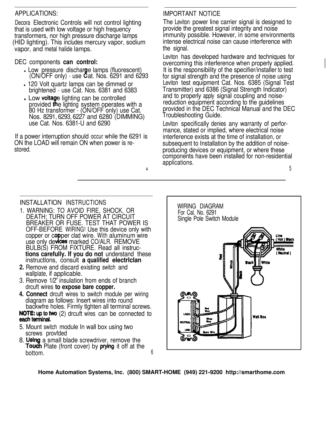 Leviton 2206 installation instructions Applications, Installation Instructions, Wiring Diagram 