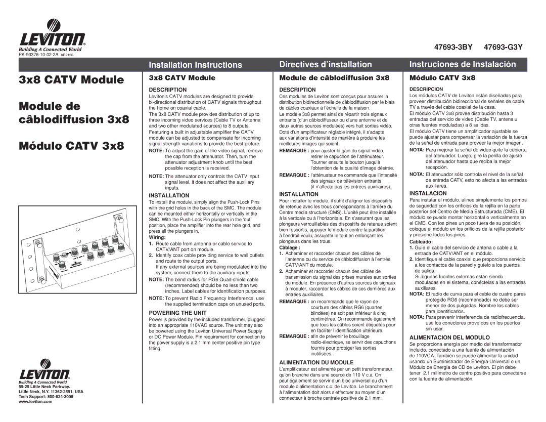 Leviton 3x8 CATV Module installation instructions Installation Instructions, Directives d’installation 