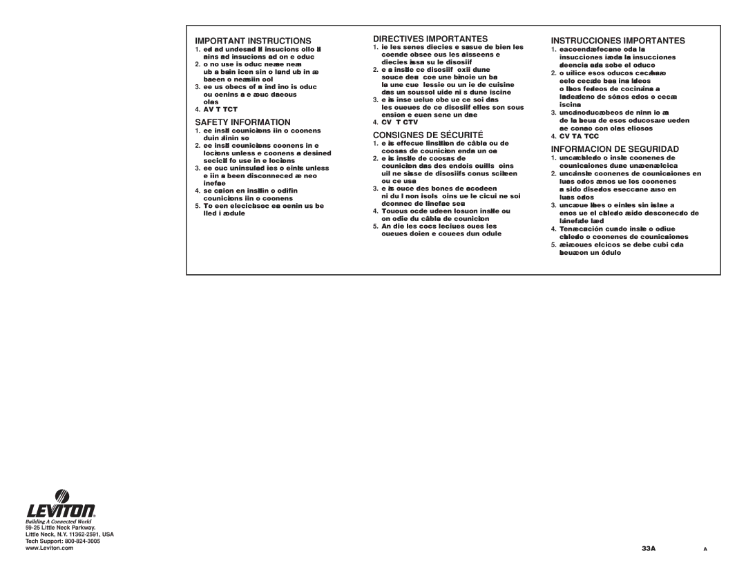 Leviton 3x8 CATV Module Safety Information, Consignes DE Sécurité, Informacion DE Seguridad, PK-93376-10-02-2A AR2156 