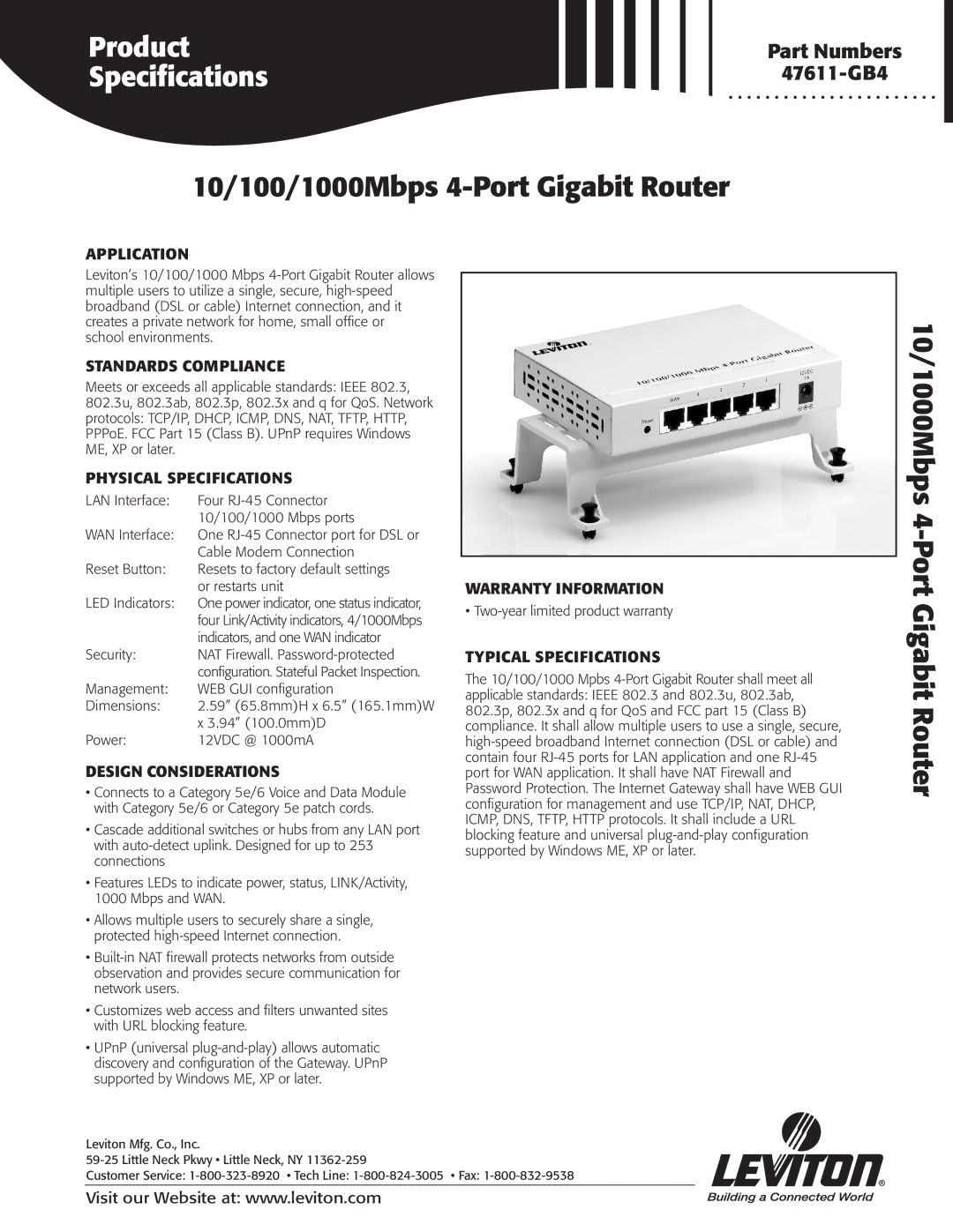 Leviton warranty 10/100/1000Mbps 4-Port Gigabit Router, 10/1000Mbps 4-Port Gigabit Router 