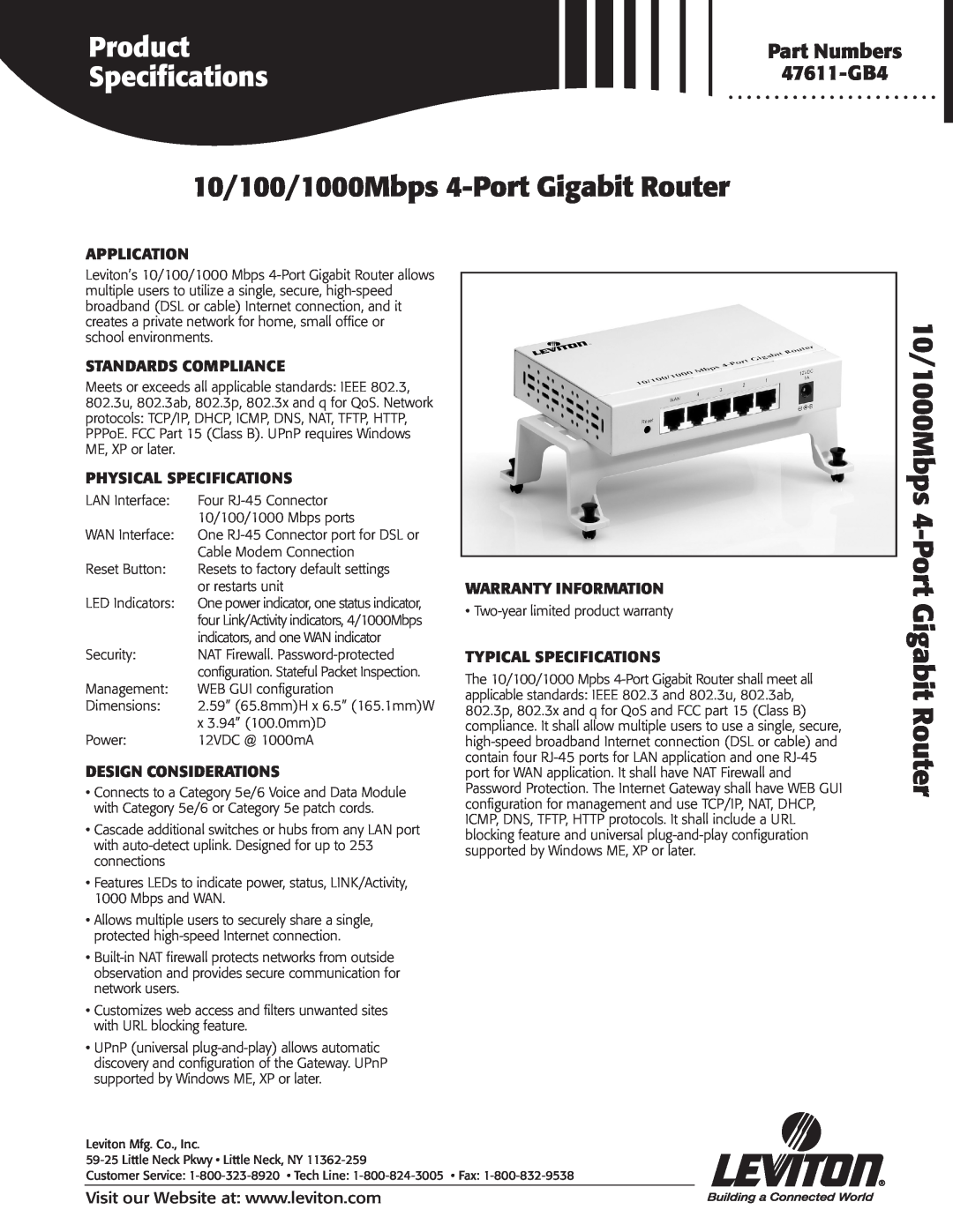 Leviton warranty 10/100/1000Mbps 4-Port Gigabit Router, 10/1000Mbps 4-Port Gigabit Router, Part Numbers 47611-GB4 