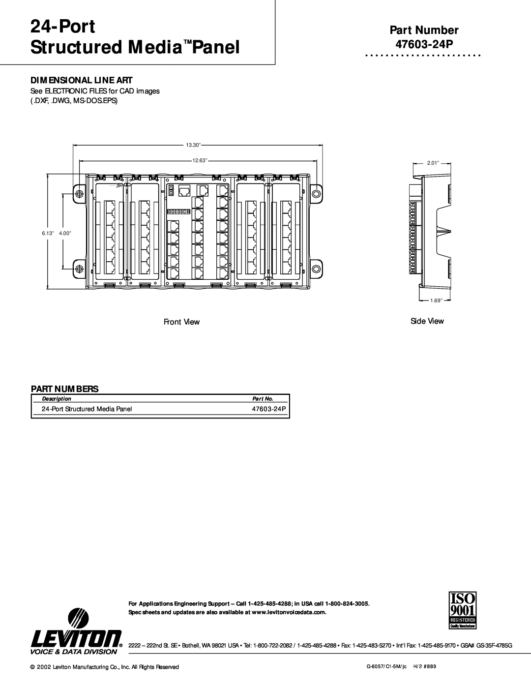Leviton warranty Part Number 47603-24P, Dimensional Line Art, Part Numbers, Port Structured Media Panel, Description 