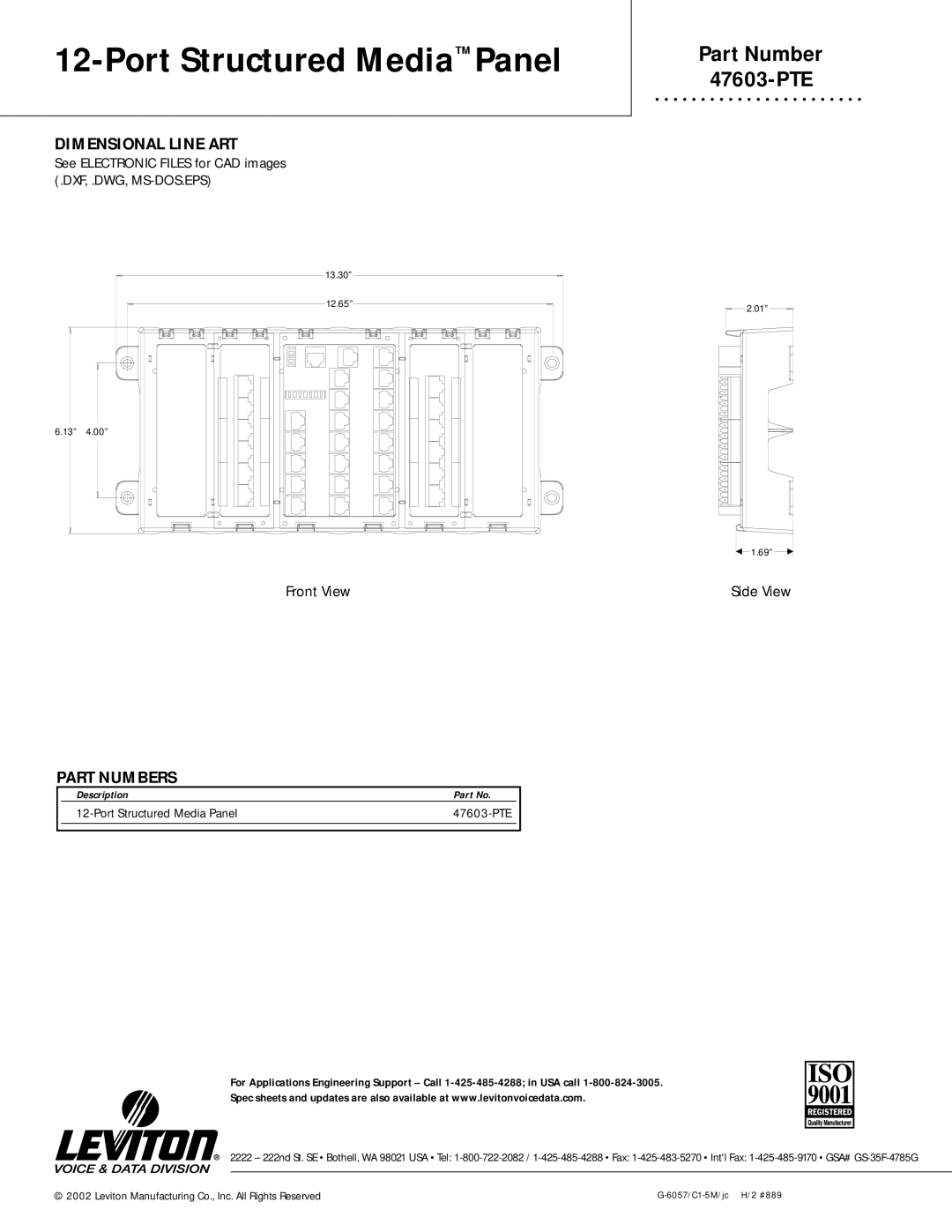 Leviton 47603-PTE warranty Dimensional Line ART, Part Numbers 