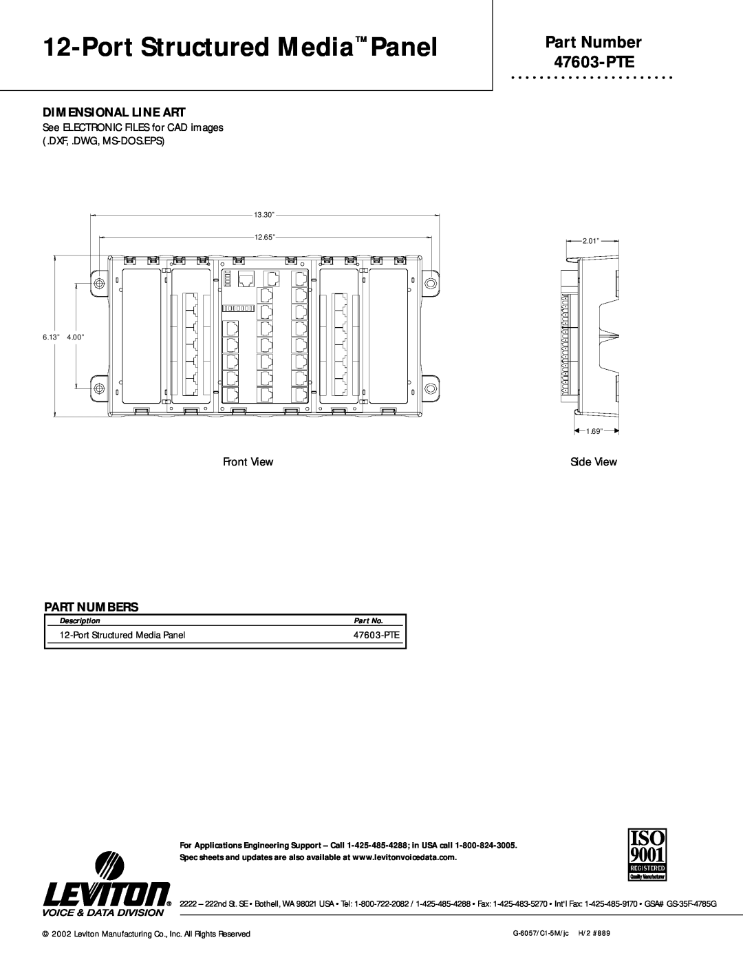 Leviton warranty Part Number 47603-PTE, Dimensional Line Art, Part Numbers, Port Structured Media Panel, Description 