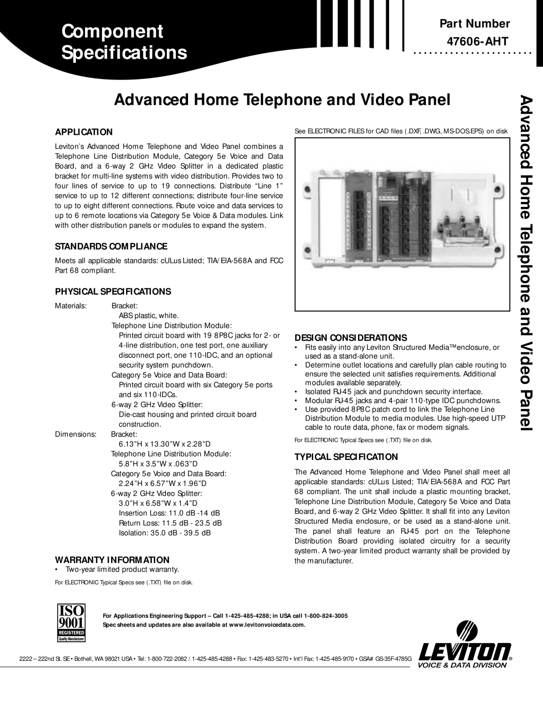 Leviton 47606-AHT warranty Advanced Home Telephone and Video Panel 