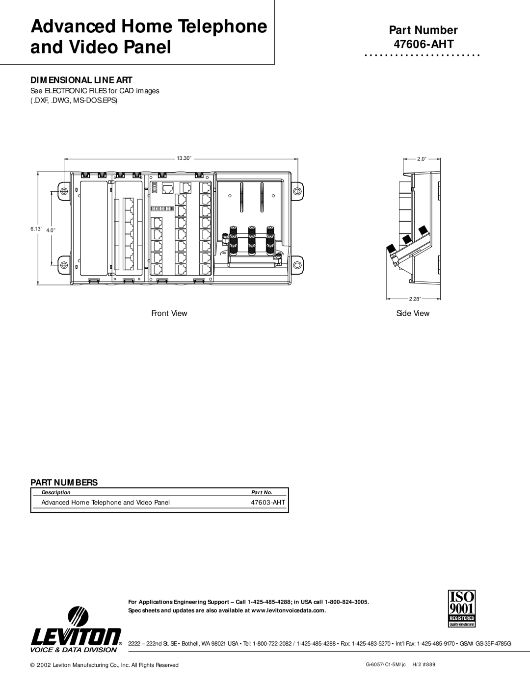 Leviton 47606-AHT warranty Dimensional Line ART, Part Numbers, See Electronic Files for CAD images .DXF, .DWG, MS-DOS.EPS 