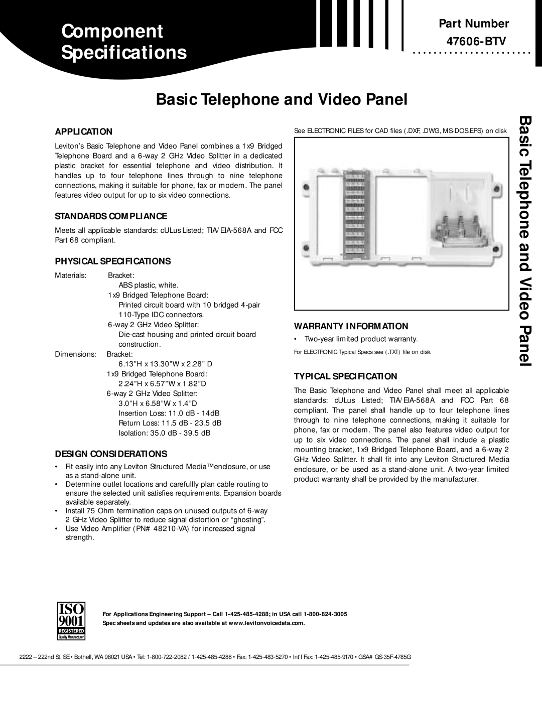 Leviton 47606-BTV warranty Application, Standards Compliance, Physical Specifications, Design Considerations 