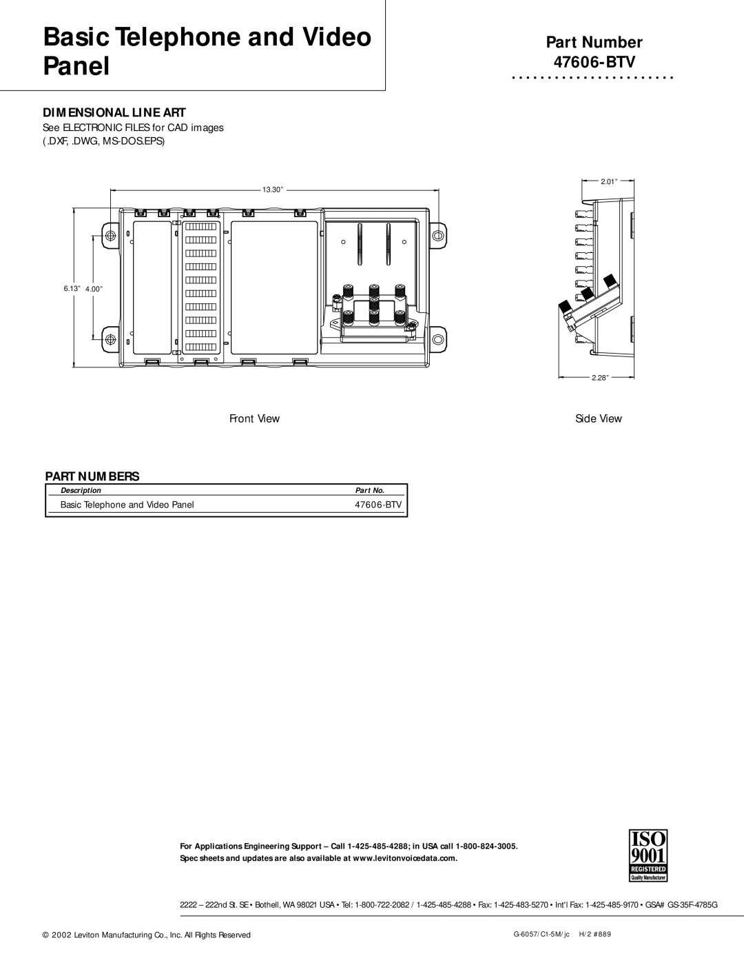 Leviton 47606-BTV warranty Dimensional Line ART, Part Numbers 