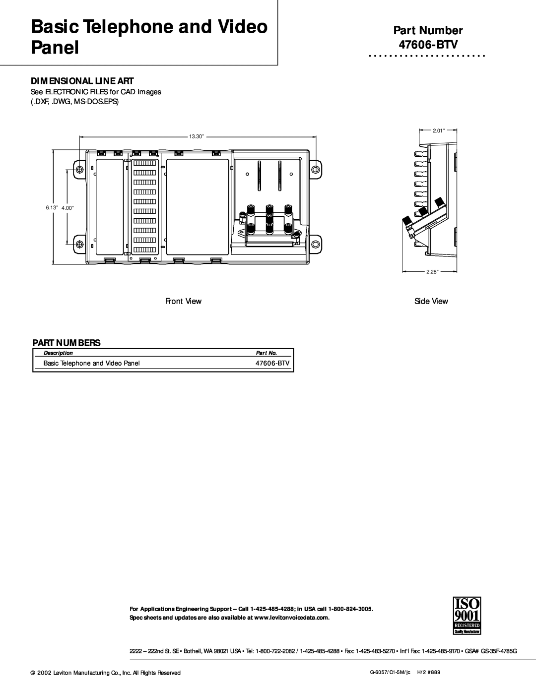 Leviton warranty Part Number 47606-BTV, Dimensional Line Art, Part Numbers, Basic Telephone and Video Panel 
