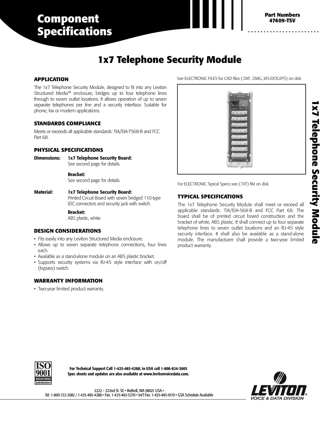 Leviton 47609-TSV warranty Application, Standards Compliance, Physical Specifications, Design Considerations 