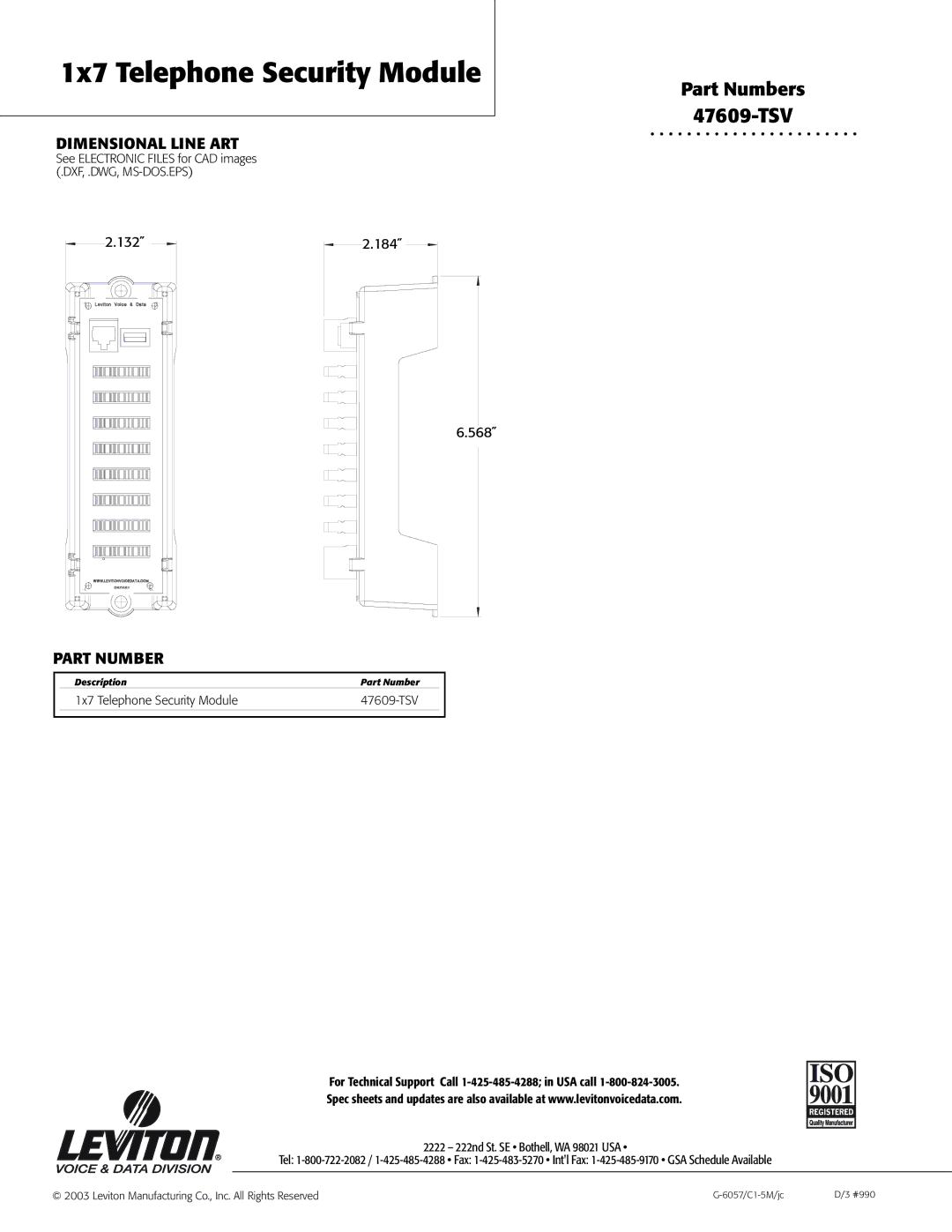 Leviton 47609-TSV warranty Dimensional Line ART, Part Number 