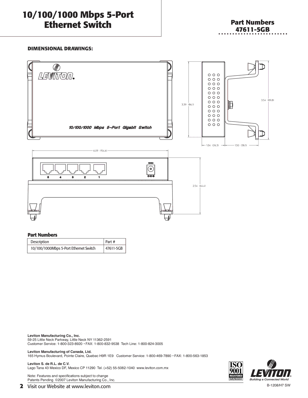 Leviton 47611-5GB warranty 10/100/1000 Mbps 5-Port Ethernet Switch, Dimensional Drawings 