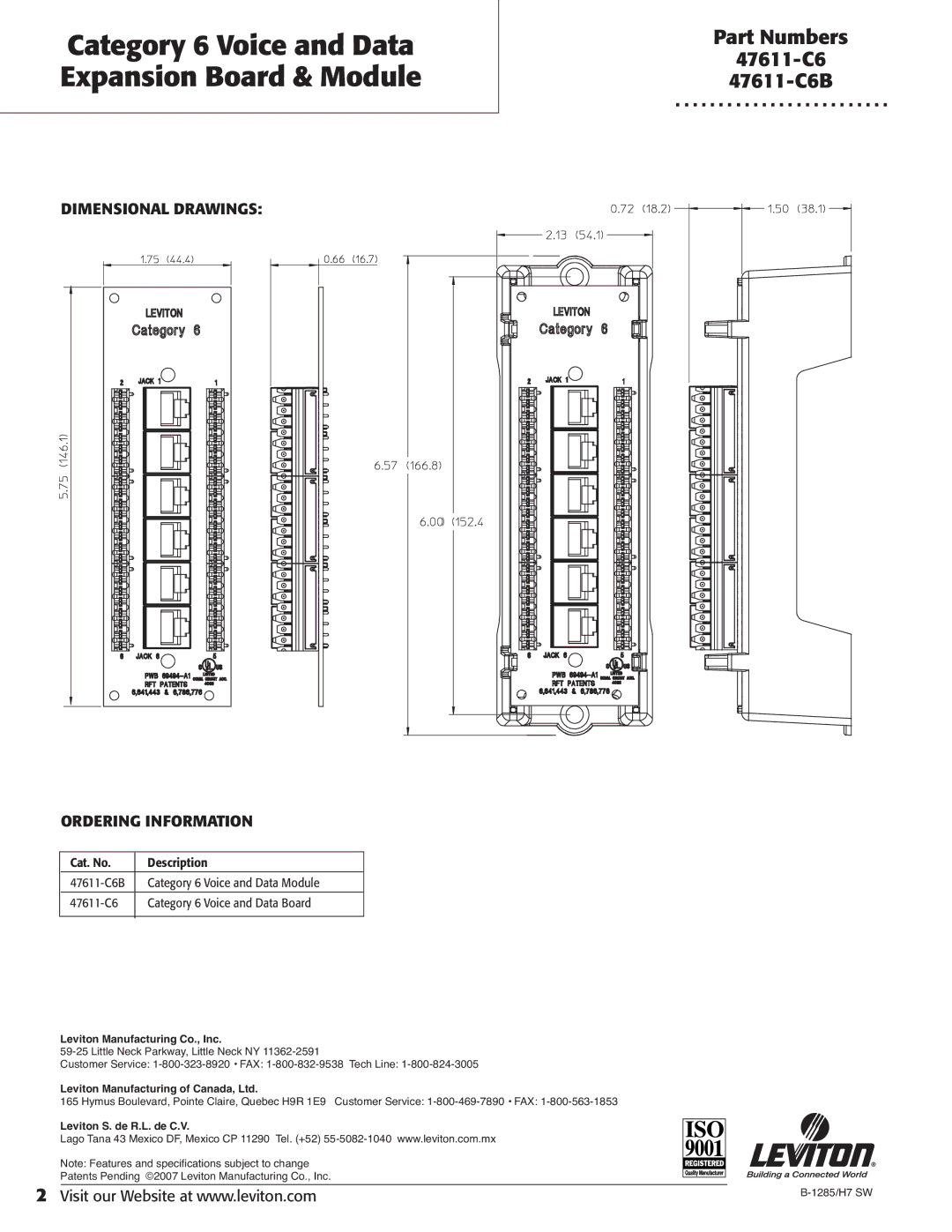 Leviton 47611-C6B dimensions Dimensional Drawings Ordering Information 