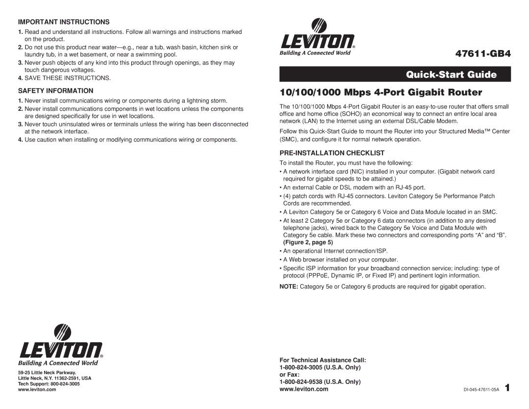 Leviton 47611-GB4 quick start Quick-Start Guide 