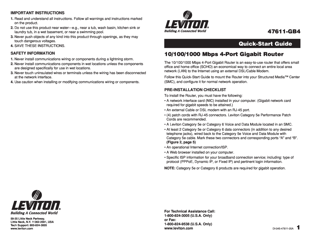 Leviton 47611-GB4 quick start Important Instructions, Safety Information, Pre-Installation Checklist, page, or Fax 