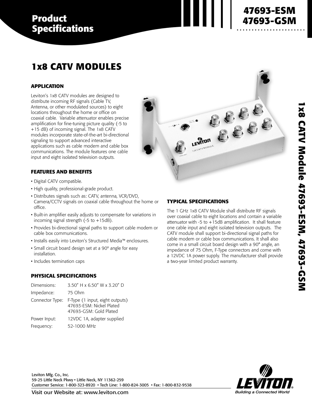 Leviton specifications 1x8 Catv Modules, 1x8 Catv Module 47693-ESM, 47693-GSM 