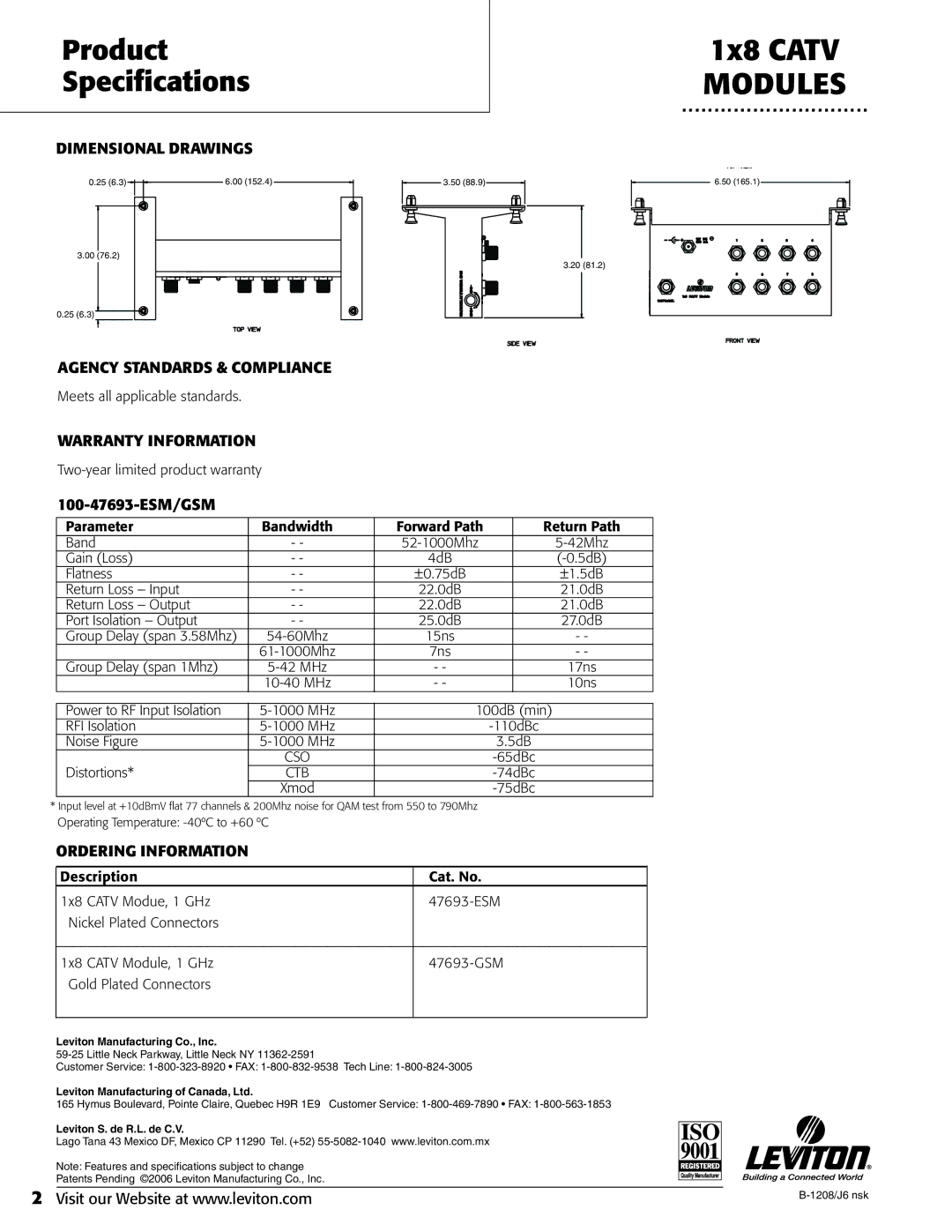 Leviton 47693-ESM Product Specifications, Dimensional Drawings, Agency Standards & Compliance, Warranty Information 