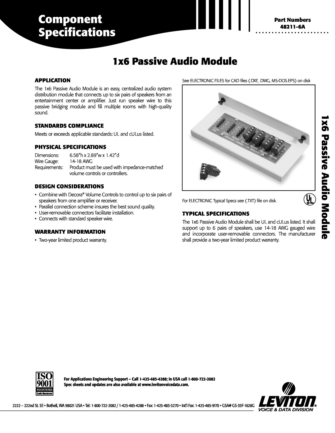 Leviton 48211-6A specifications 1x6 Passive Audio Module, Application, Standards Compliance, Physical Specifications 