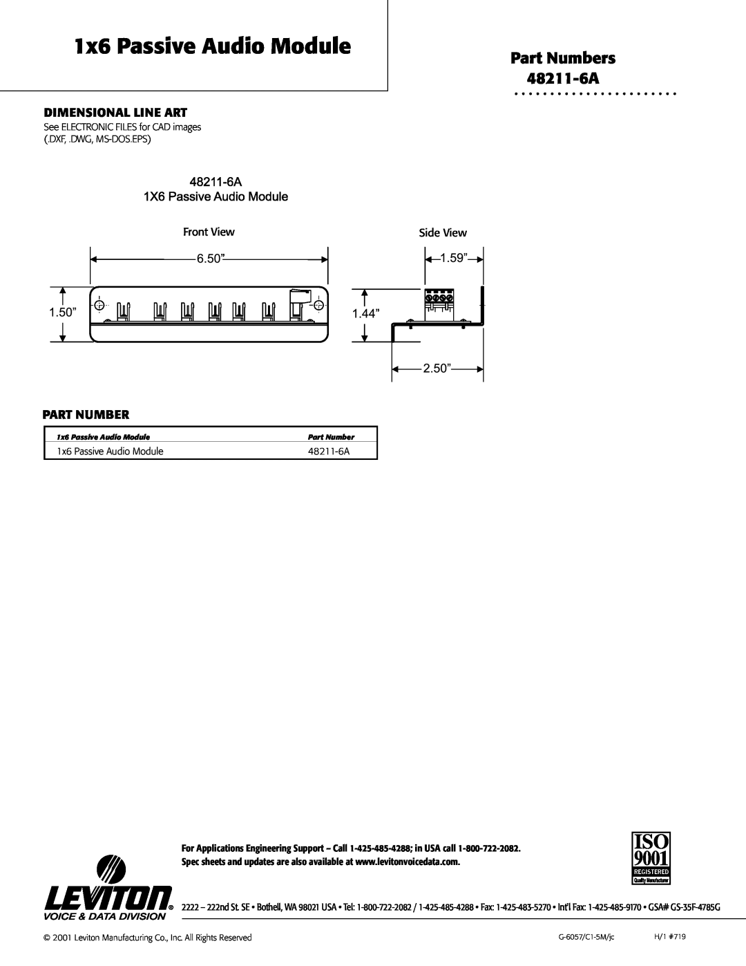 Leviton specifications Dimensional Line Art, 1x6 Passive Audio Module, Part Numbers 48211-6A 