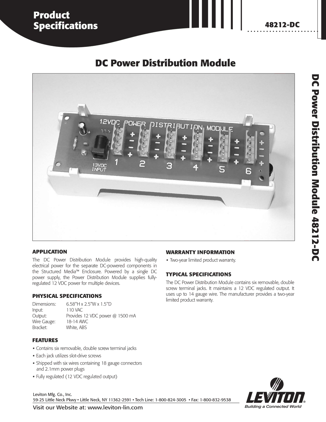 Leviton 48212-DC specifications Product Specifications, DC Power Distribution Module 