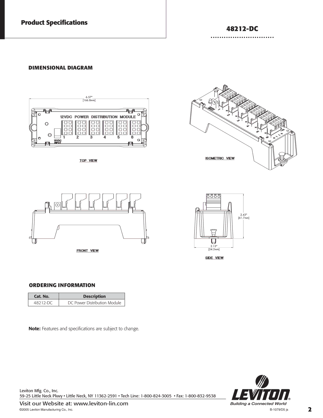 Leviton 48212-DC specifications Product Specifications, Dimensional Diagram Ordering Information 