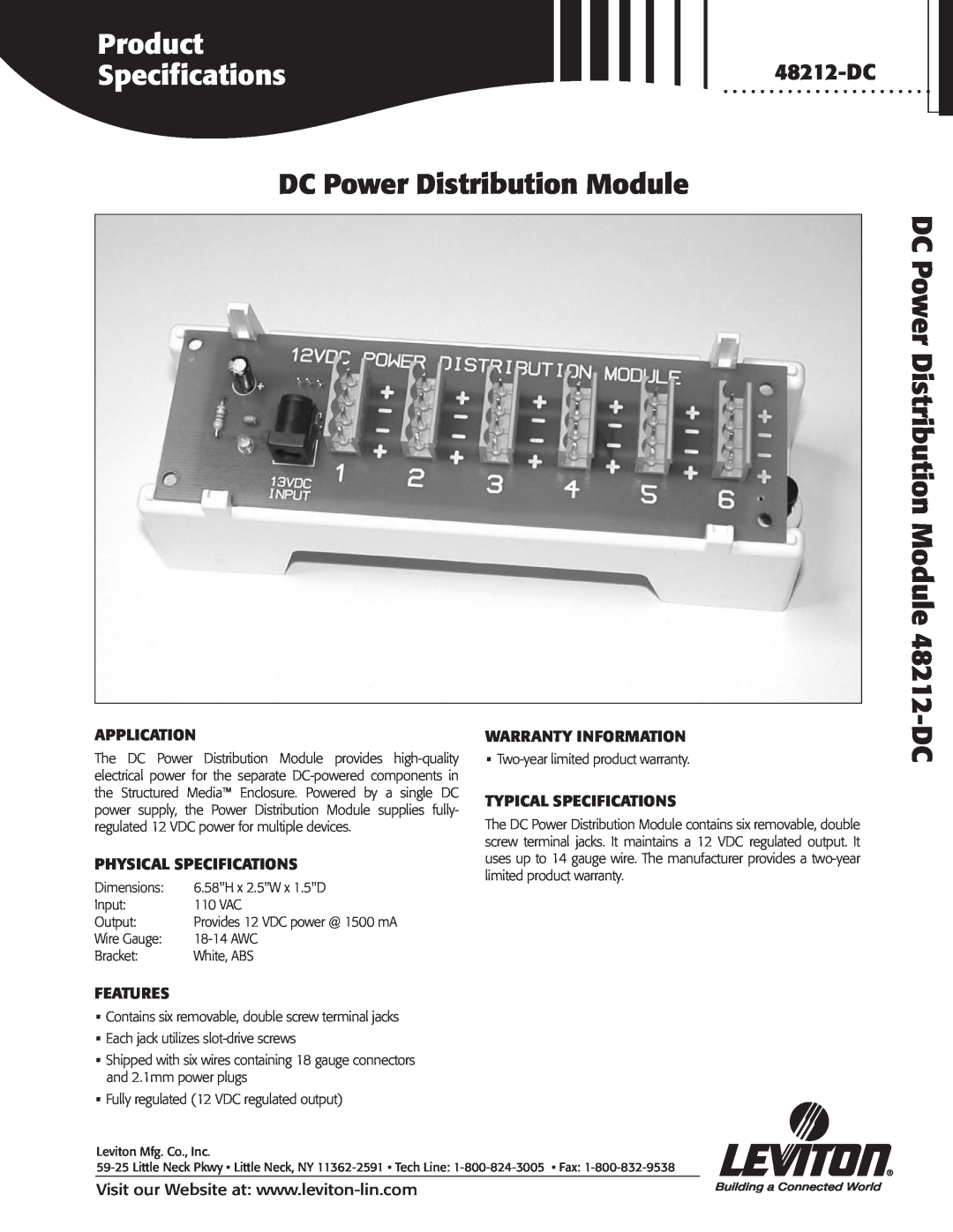 Leviton 48212-DC specifications Application, Physical Specifications, Warranty Information, Typical Specifications 