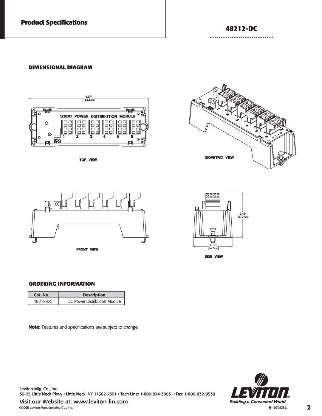 Leviton 48212-DC Dimensional Diagram Ordering Information, Product Specifications, Cat. No, Description, B-1079/D5 js 