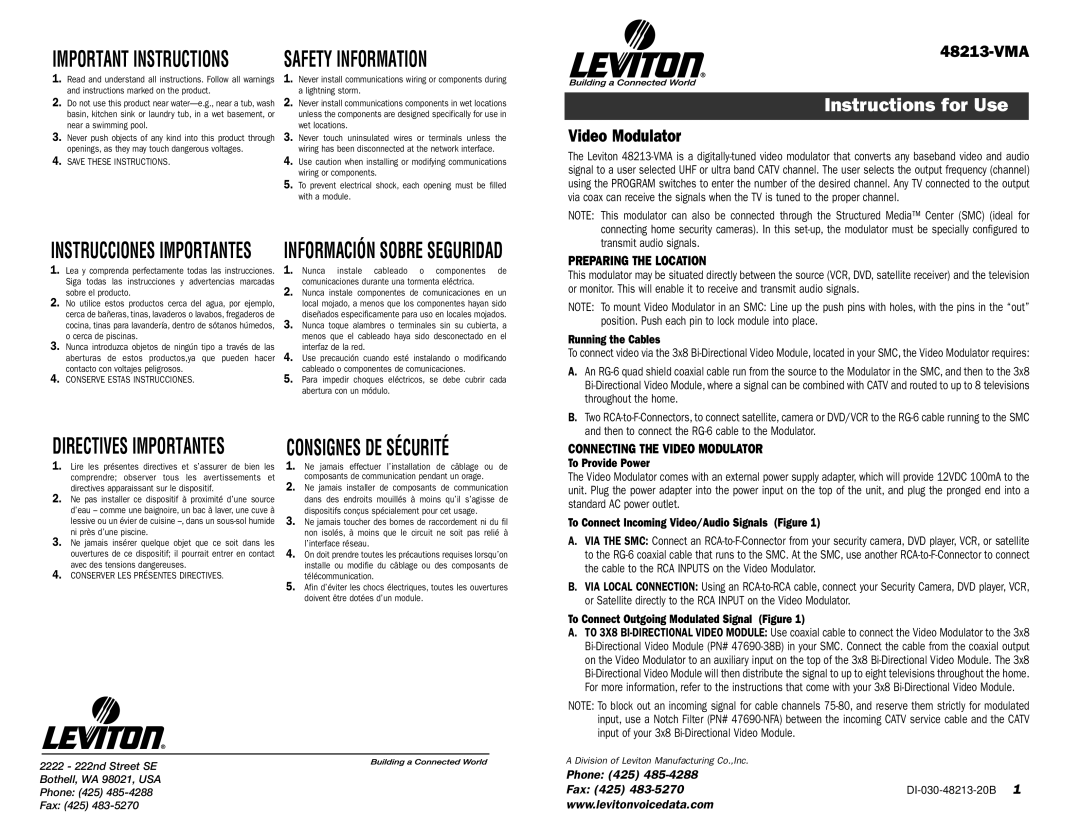 Leviton 48213-VMA manual Instructions for Use, Preparing the Location, Connecting the Video Modulator 